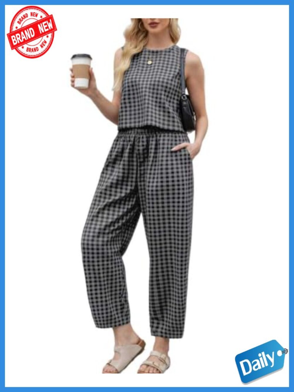 Women's Gingham 2-Piece Sleeveless Tank & Wide-Leg Pant Set